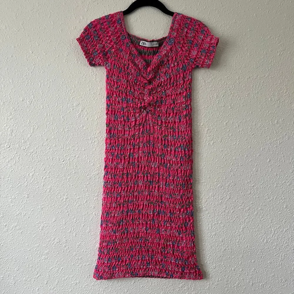 ZARA Knit Pink Floral Ruched Body Con Mini Dress Size Large - Picture 2 of 7